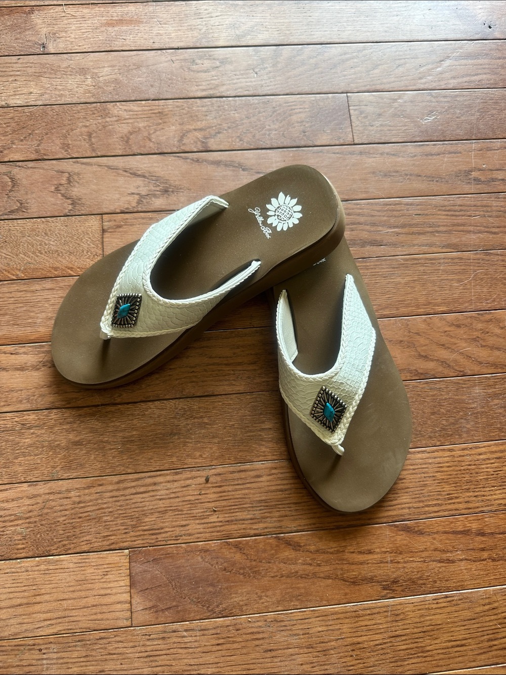 Yellow Box Cream Flip Flop Sandals with Turquoise Accent